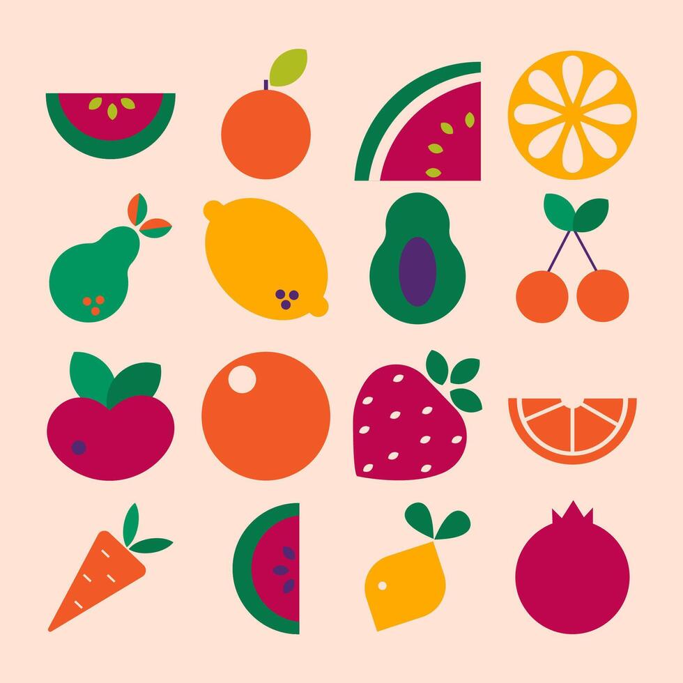 Geometric modern Abstract vegetables fruits in flat minimalist style. Bauhaus vector