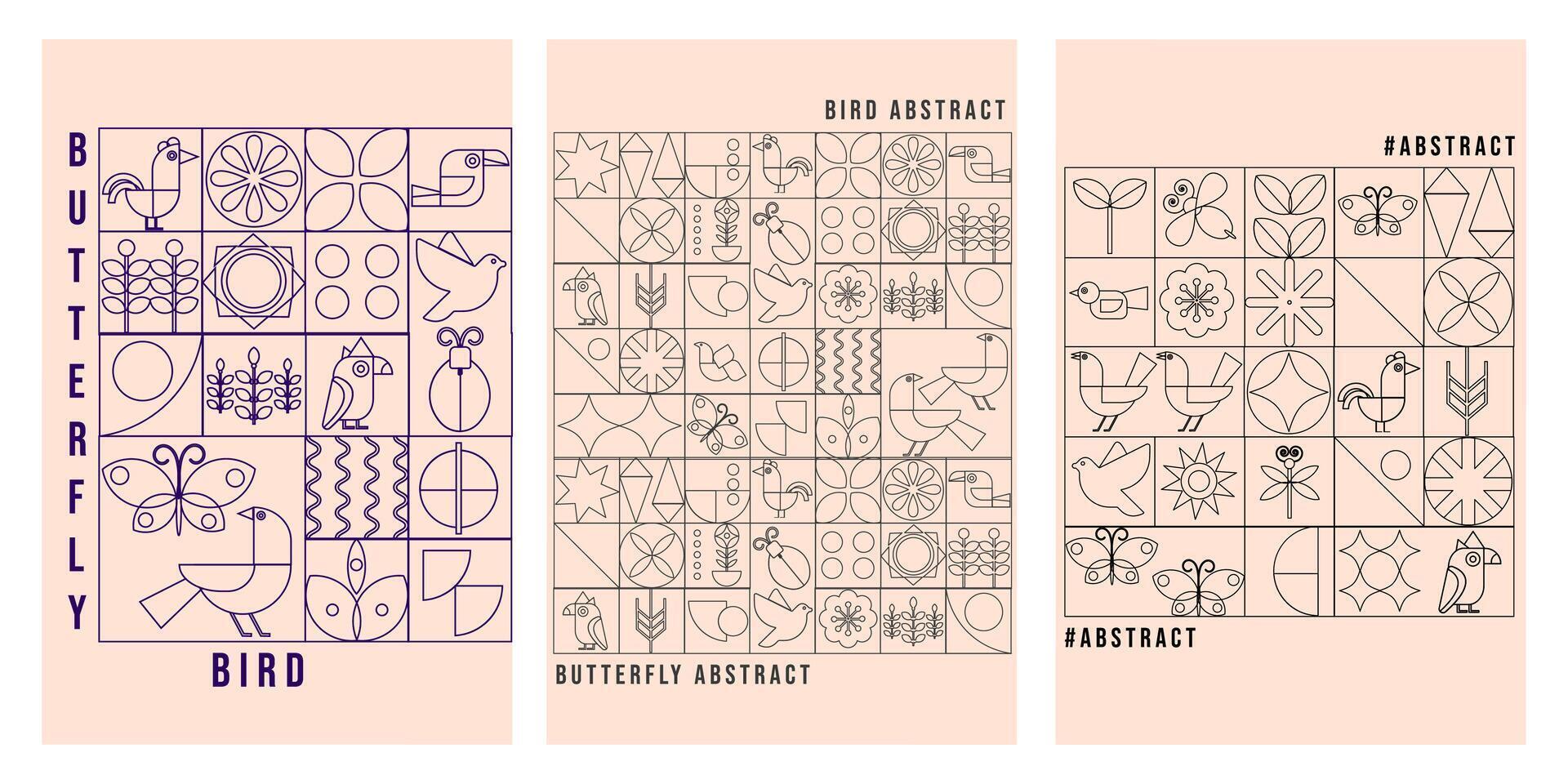 Geometric modern outline poster. Abstract birds butterflies in flat minimalist style. Bauhaus. vector