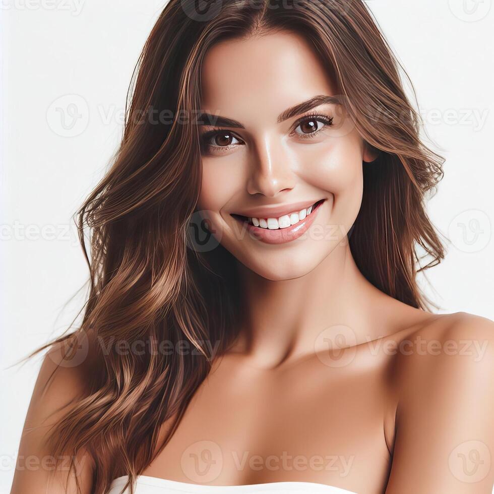 AI generated A Woman Smiling with Flawless Glowy Skin with Copy Space Isolated on the. White Background. AI generated photo