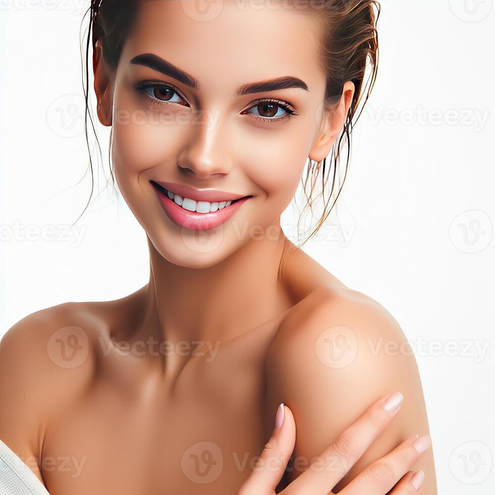 AI generated A Woman Smiling with Flawless Glowy Skin with Copy Space Isolated on the. White Background. AI generated photo
