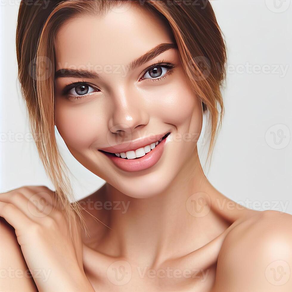 AI generated A Woman Smiling with Flawless Glowy Skin with Copy Space Isolated on the. White Background. AI generated photo