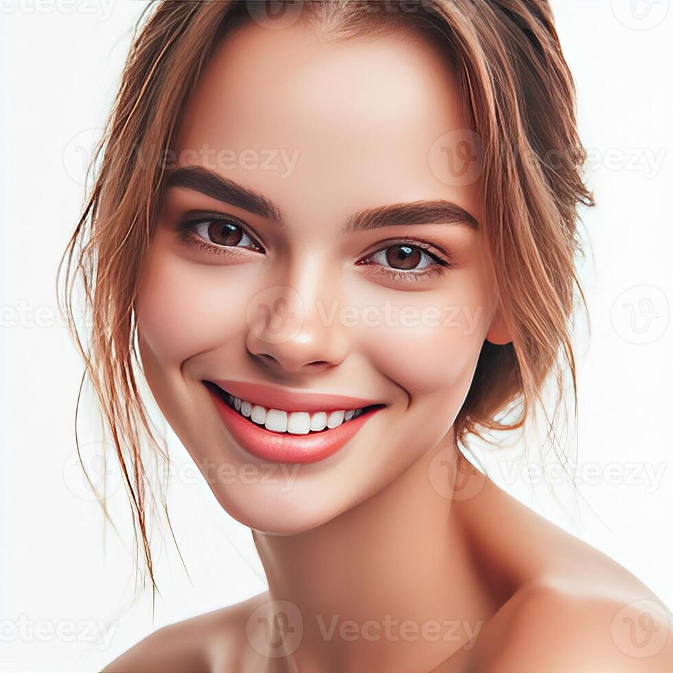 AI generated A Woman Smiling with Flawless Glowy Skin with Copy Space Isolated on the. White Background. AI generated photo