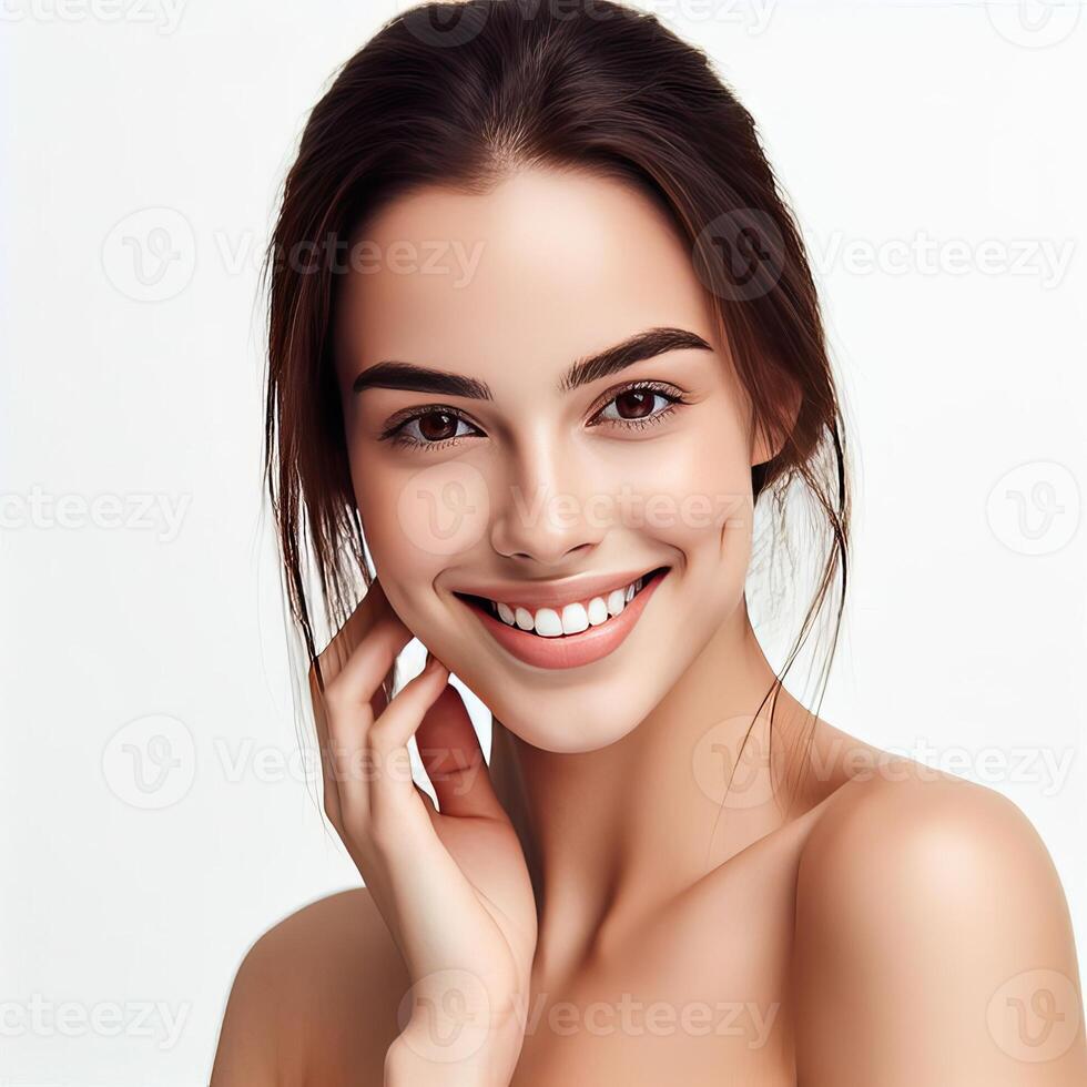 AI generated A Woman Smiling with Flawless Glowy Skin with Copy Space Isolated on the. White Background. AI generated photo