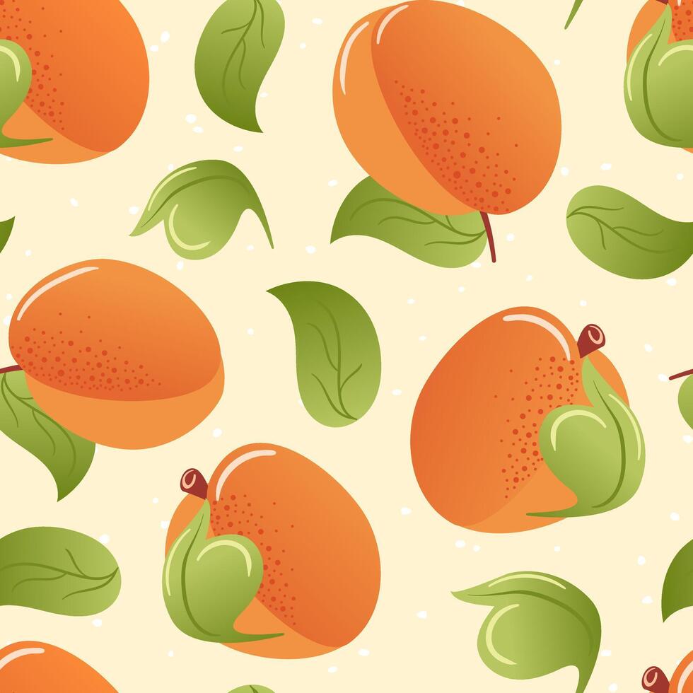 Peach, apricots summer seamless pattern in minimalistic style. Tropical exotic fruits, leaves. Healthy food. For menu, cafe, wallpaper, fabric, wrapping background vector