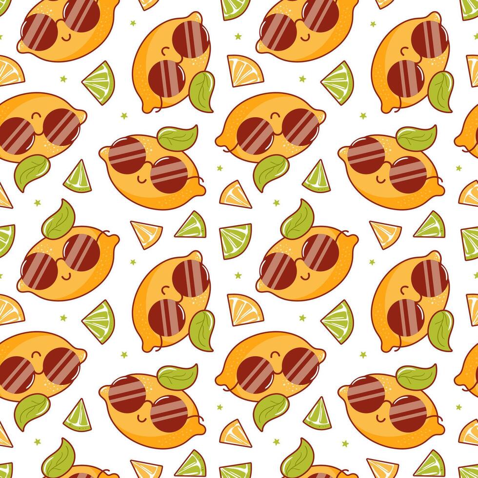 Cool lemons in sunglasses, a cute retro cartoon character. Groovy vintage summer seamless pattern. Trendy old style. 1970s. Tropical exotic fruits. Healthy food. For menu, cafe, wallpaper. Veganuary. vector