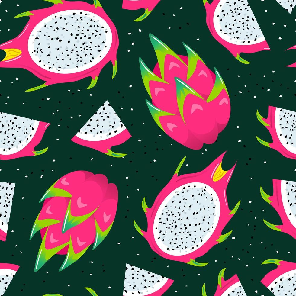 Pitahaya. Dragon fruit summer seamless pattern. Healthy food, vegans. Veganuary. Cactus. Tropical exotic fruits, leaves. Healthy food. For menu, cafe, wallpaper, fabric, wrapping vector