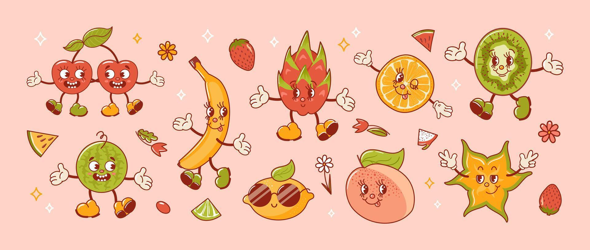 Tropical exotic fruits set. Old retro cartoon characters. Groovy vintage summer design elements. Cool lemons, sunglasses, Banana, watermelon, Cherry, Orange, pitahaya, star fruit and kiwi. Peach Fuzz. vector