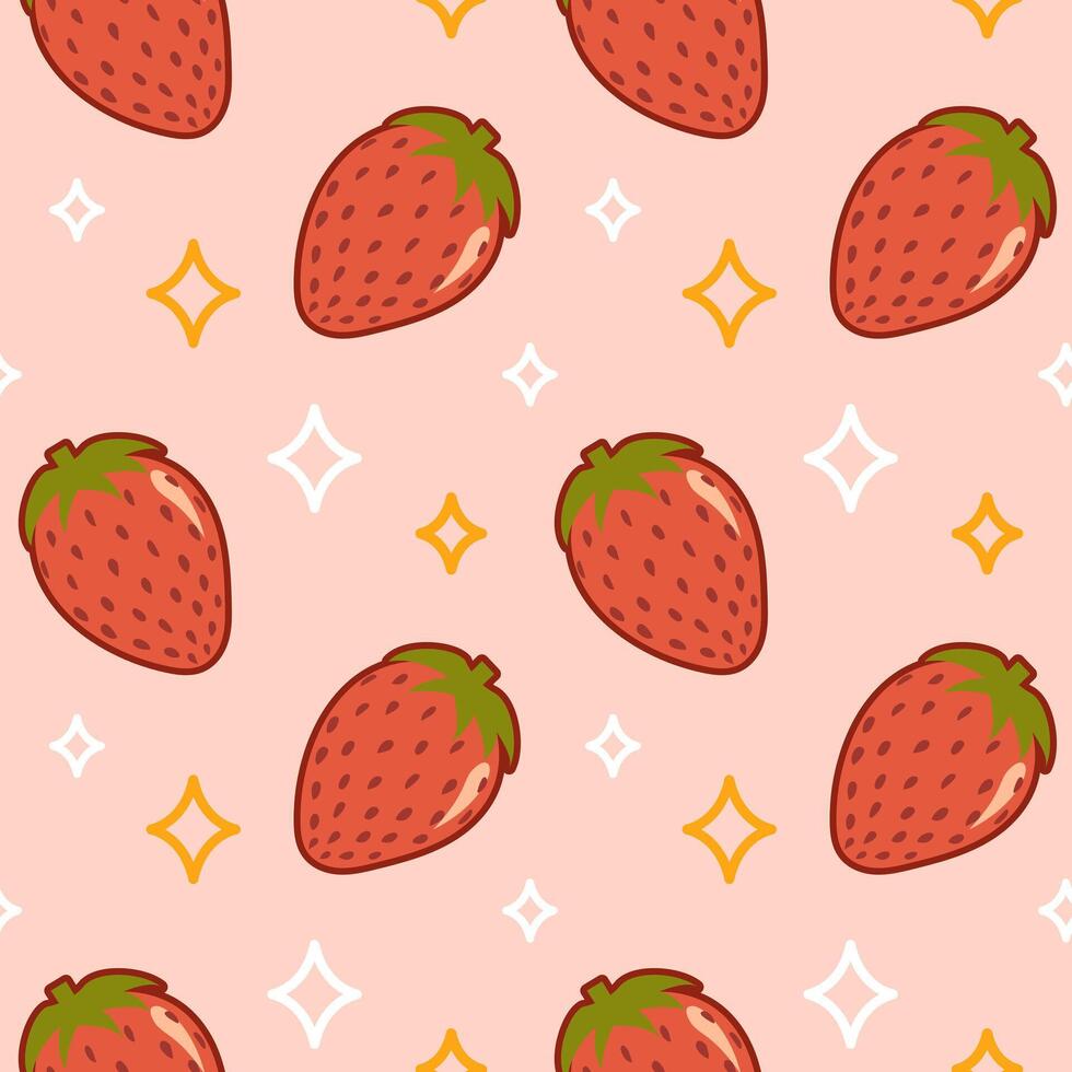 Cute strawberries and stars. Pink seamless summer pattern in kawaii style. Healthy food. Trendy old style, retro cartoon. For menu, cafe, wallpaper, fabric, wrapping, background vector