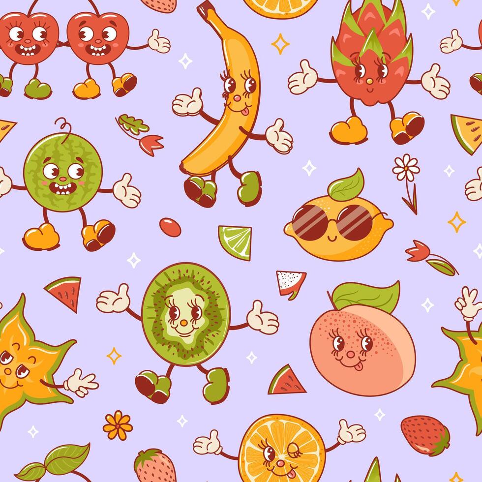 Tropical exotic fruits. Old retro cartoon character. Groovy vintage summer seamless pattern. Fresh lemon, lime, Banana, watermelon, pitahaya dragon, star fruit, papaya, mango and kiwi. Peach Fuzz. vector