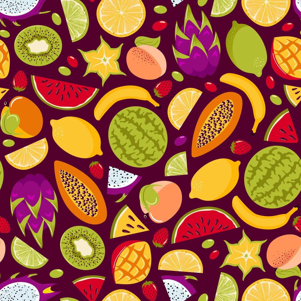 Tropical exotic fruits. Seamless pattern in vintage style. Fresh lemon, lime, watermelon, pitahaya dragon, star fruit, papaya, mango and kiwi. Healthy food. Peach Fuzz. Veganuary. menu, cafe vector