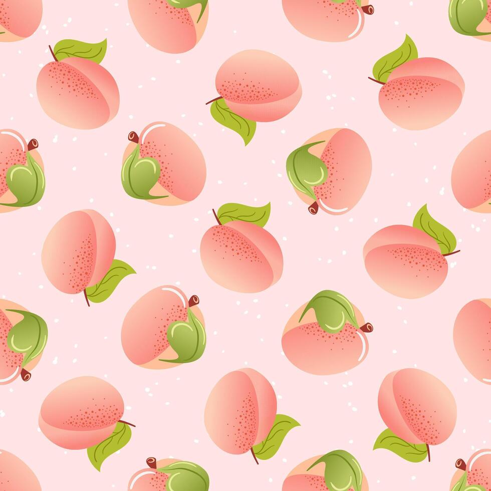 Peach summer seamless pattern in minimalistic style. Tropical exotic fruits, leaves. Healthy food. For menu, cafe, wallpaper, fabric, wrapping background vector