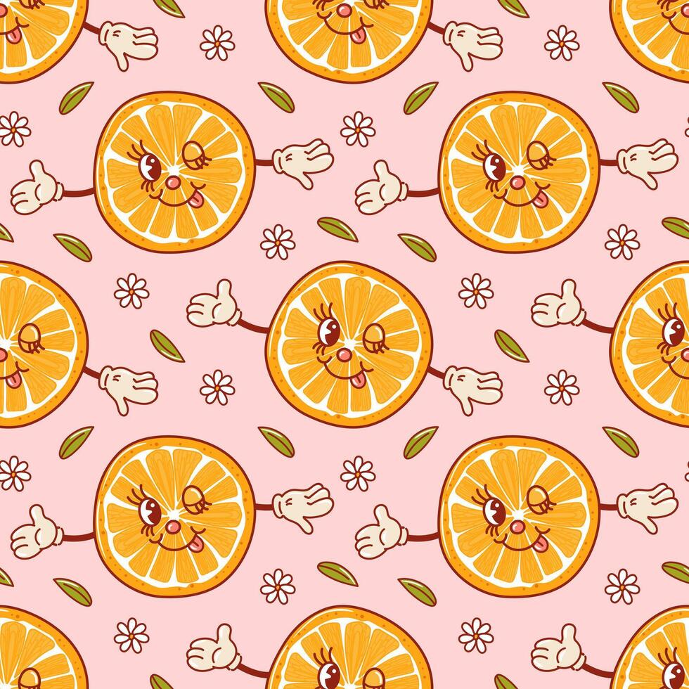 Orange a cute retro cartoon character. Groovy vintage summer seamless pattern. Trendy old style. 1970s. Tropical exotic fruits. Healthy food. For menu, cafe, wallpaper. Veganuary. vector