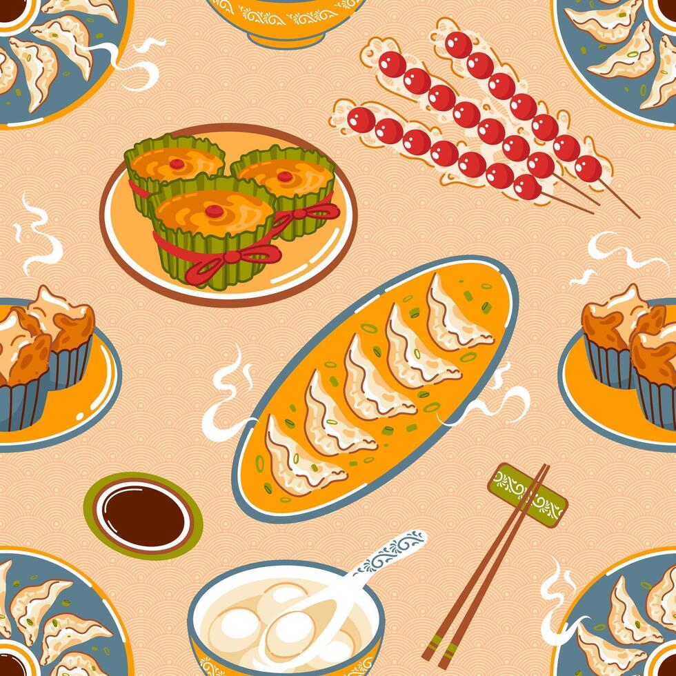 Traditional Asian food for Chinese New Year, seamless pattern. Nian Gao, rice cake. Fa Gao. Southern rice balls Ningbo. Soup balls. Candied hawthorns. Jiaozi. dumplings. chopsticks, Peach Fuzz. vector