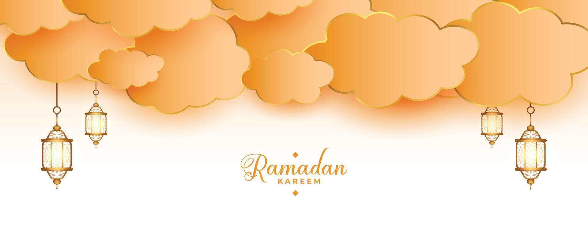Ramadán kareem islámico linternas y nubes bandera diseño vector
