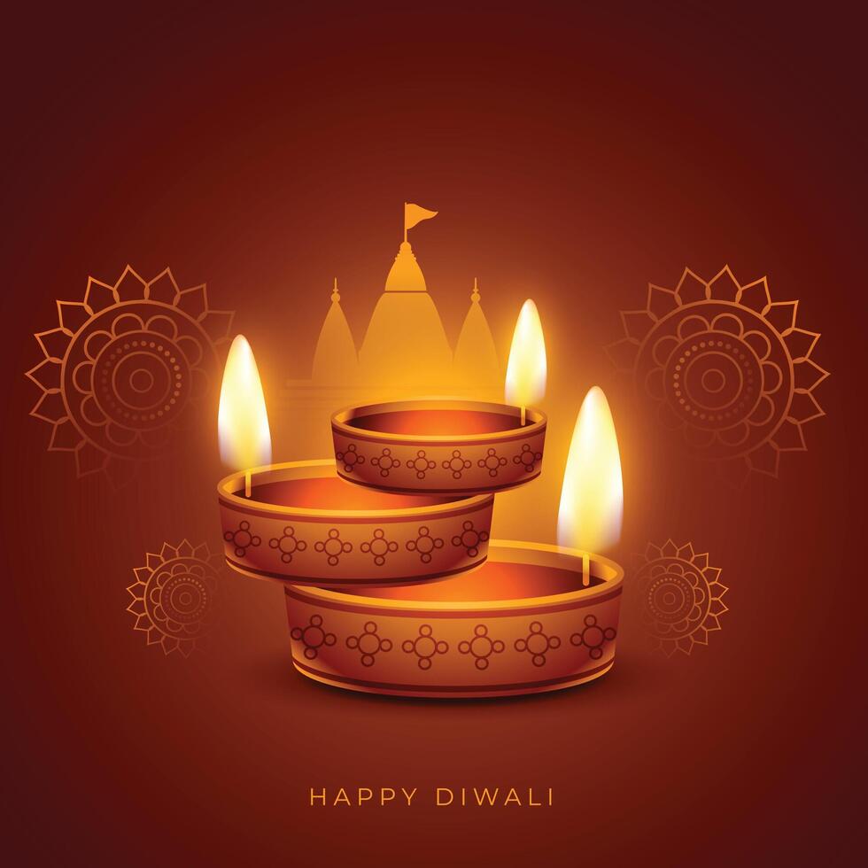 realistic diwali festival diya card beautiful background vector