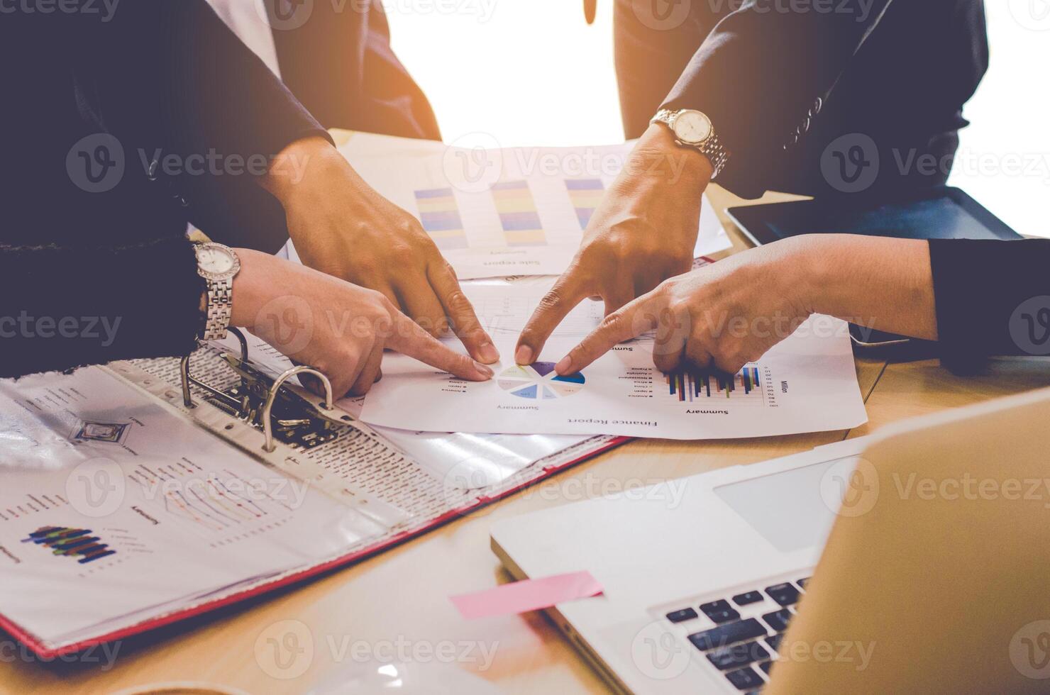 Team business job . working with laptop in open space office. Meeting report in progress. photo