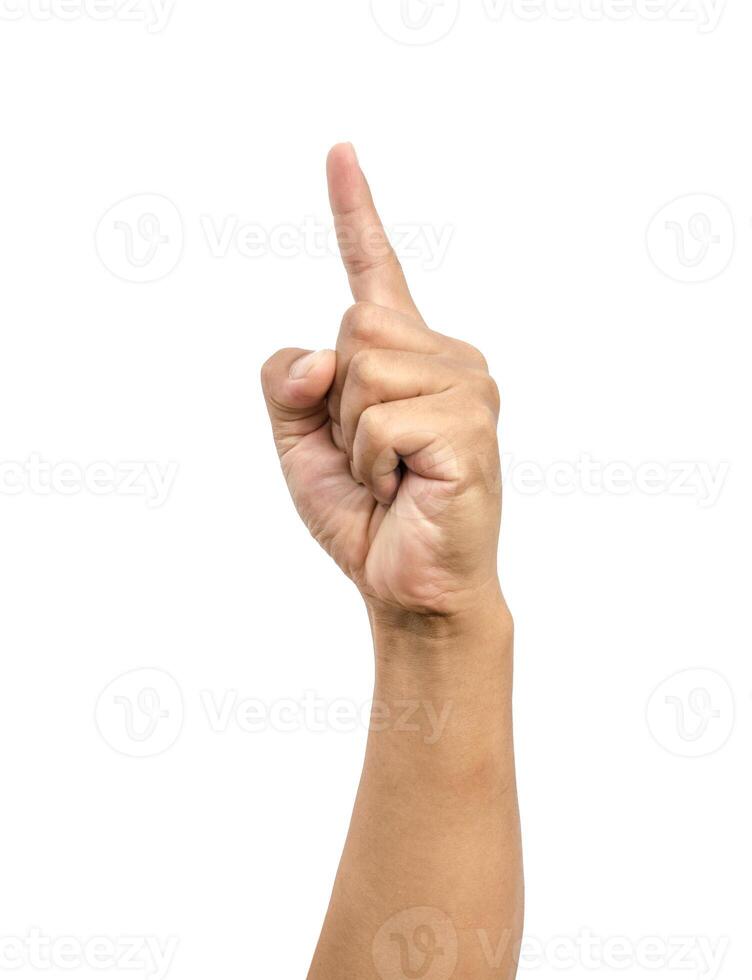 Hand gesture pointing finger on a white background. photo