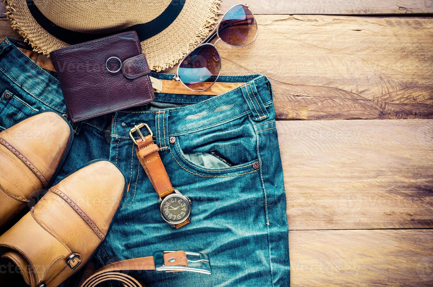 accessories for men on the wooden floor photo