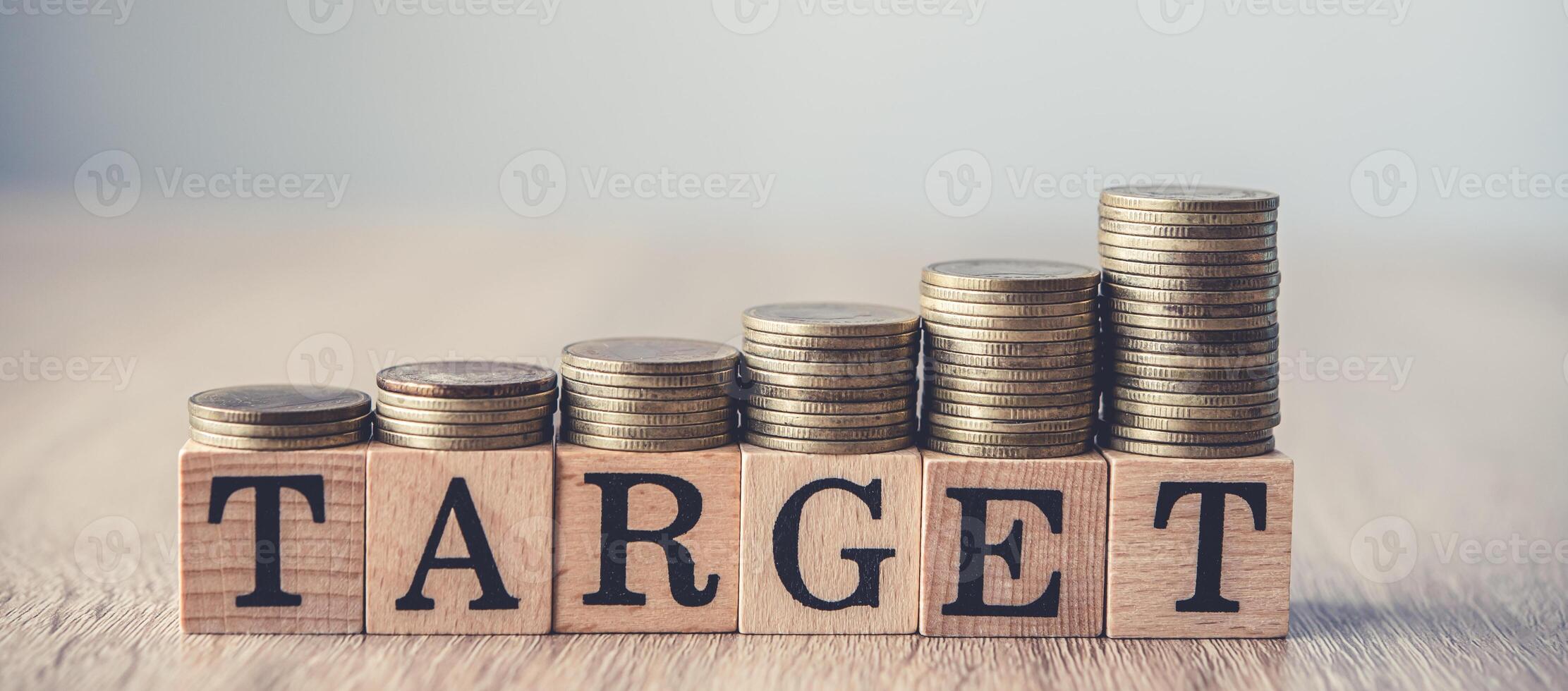 The coins are arranged on a wooden block with the words TARGET.concept the goal of collecting money. photo