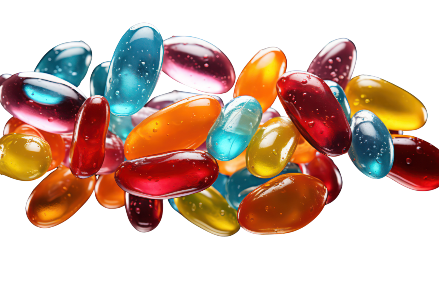 AI generated Falling jellybeans candy falling on transparent background. png