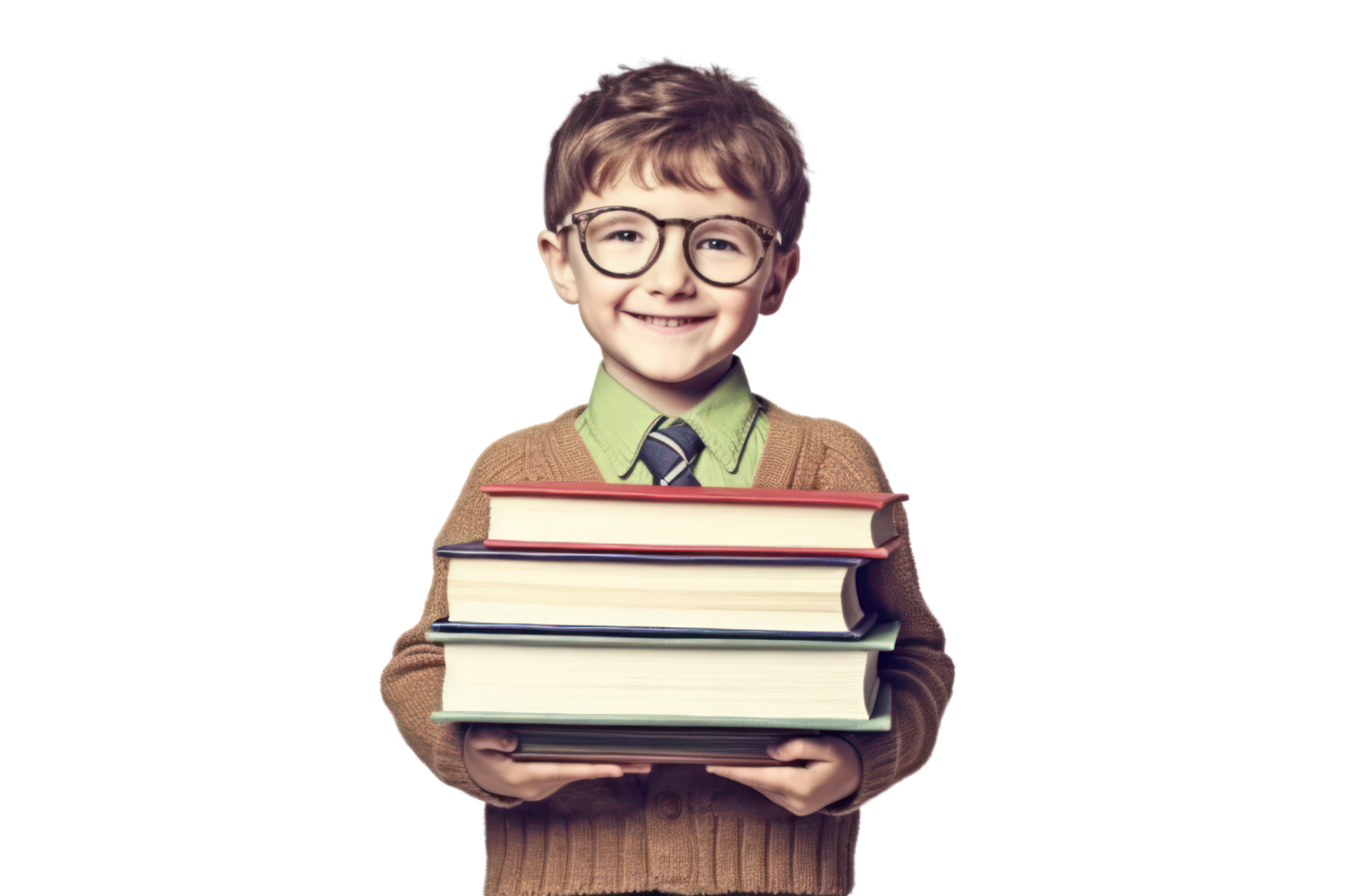 Funny smiling child school boy with glasses hold books on transparent background. png