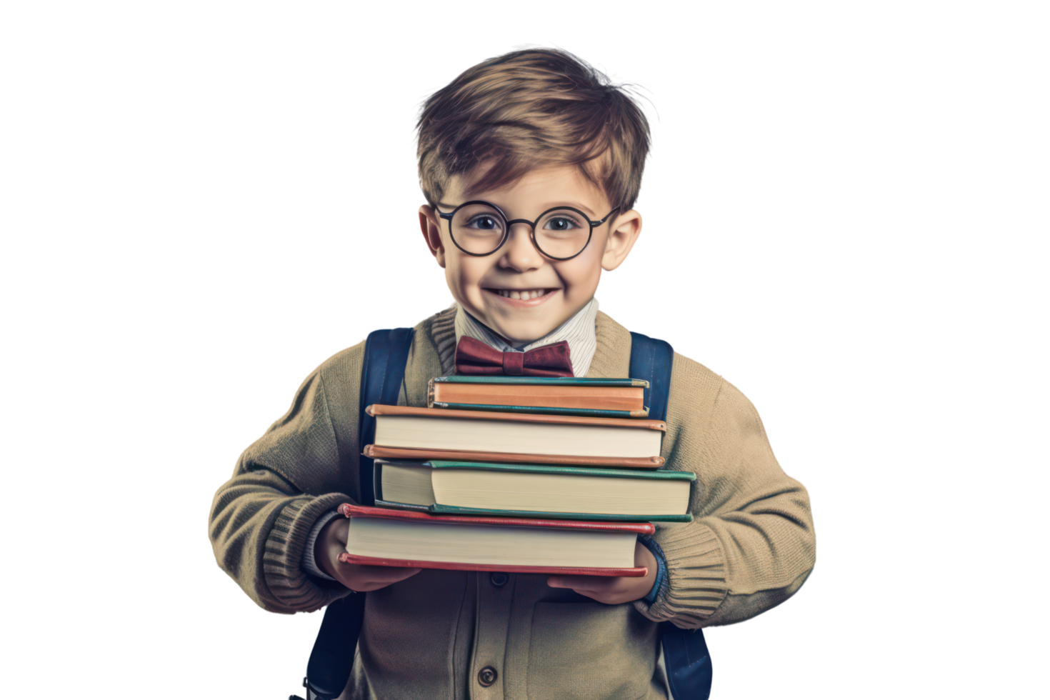 Funny smiling child school boy with glasses hold books on transparent background. png