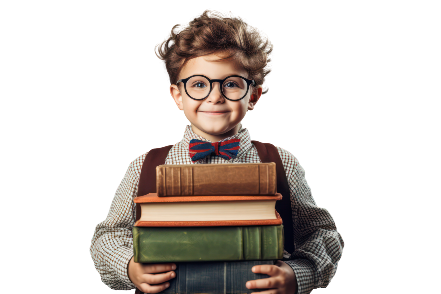 Funny smiling child school boy with glasses hold books on transparent background. png