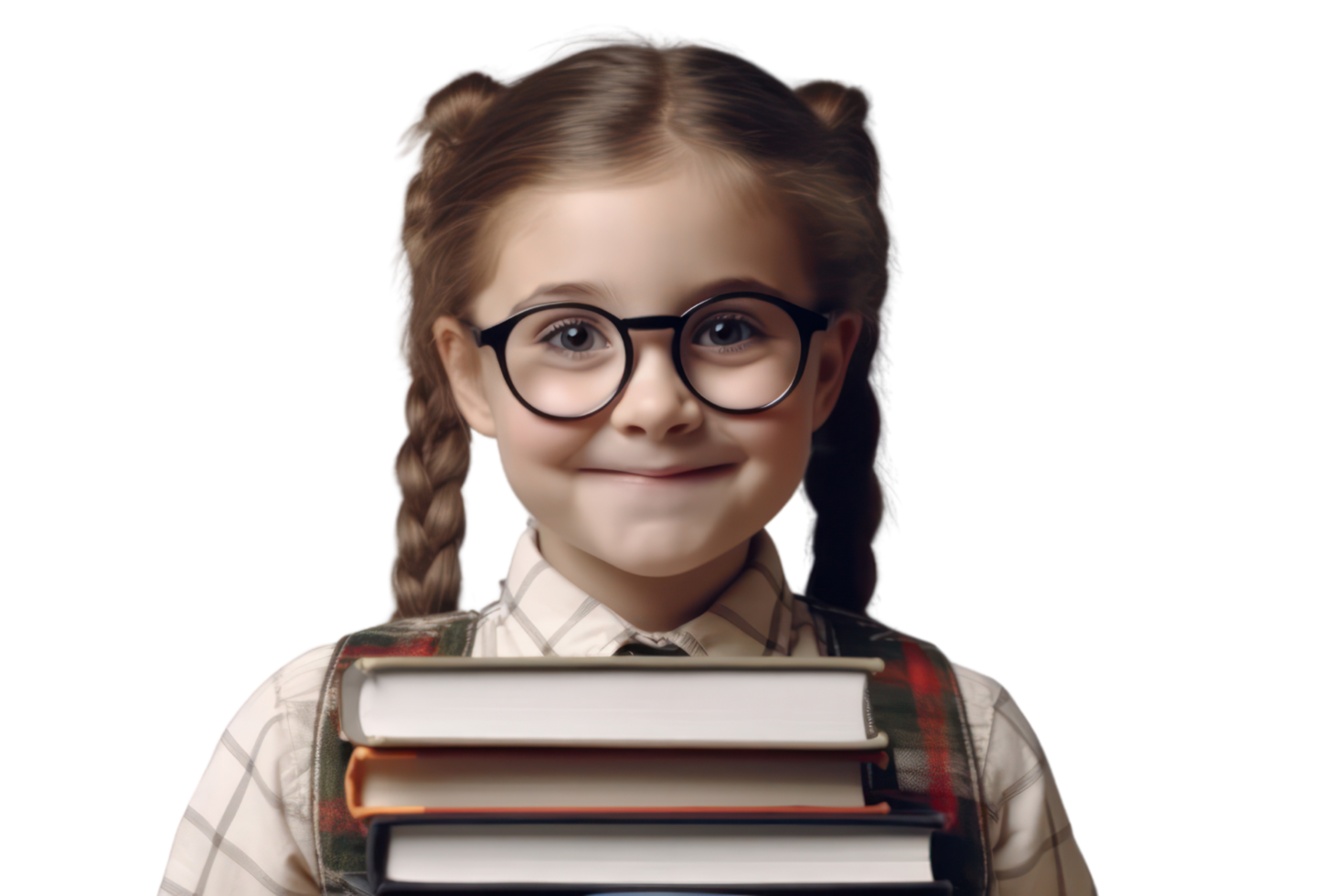 ai généré marrant souriant enfant école fille avec des lunettes tenir livres sur transparent Contexte. png