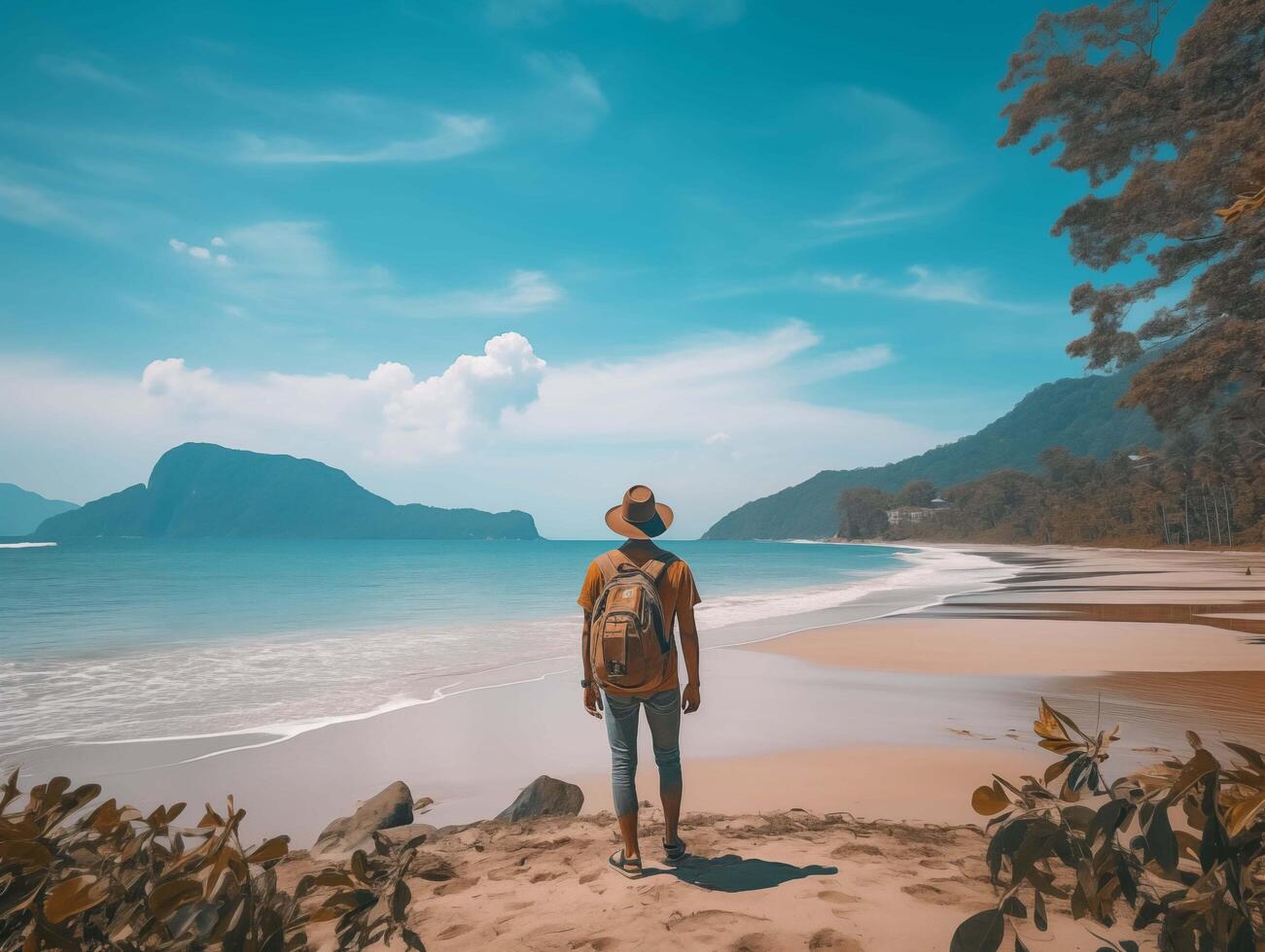 AI generated man with backpack standing on the sand beach and looking at the sea photo