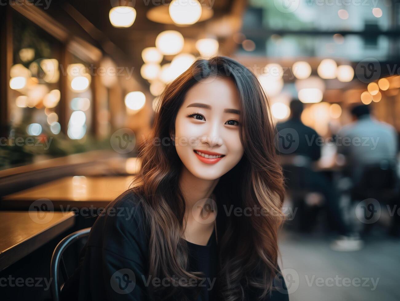 AI generated Beautiful asian woman sitting in coffee shop and smiling, vintage tone photo