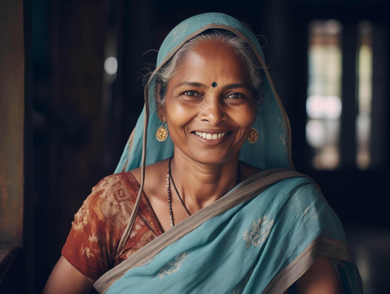 AI generated Portrait of a smiling Indian woman wearing saree at home. photo