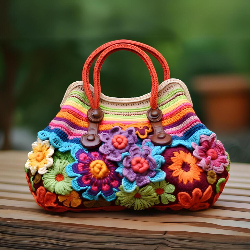 AI generated Knitted multi-colored bag with a pattern on a gray background photo