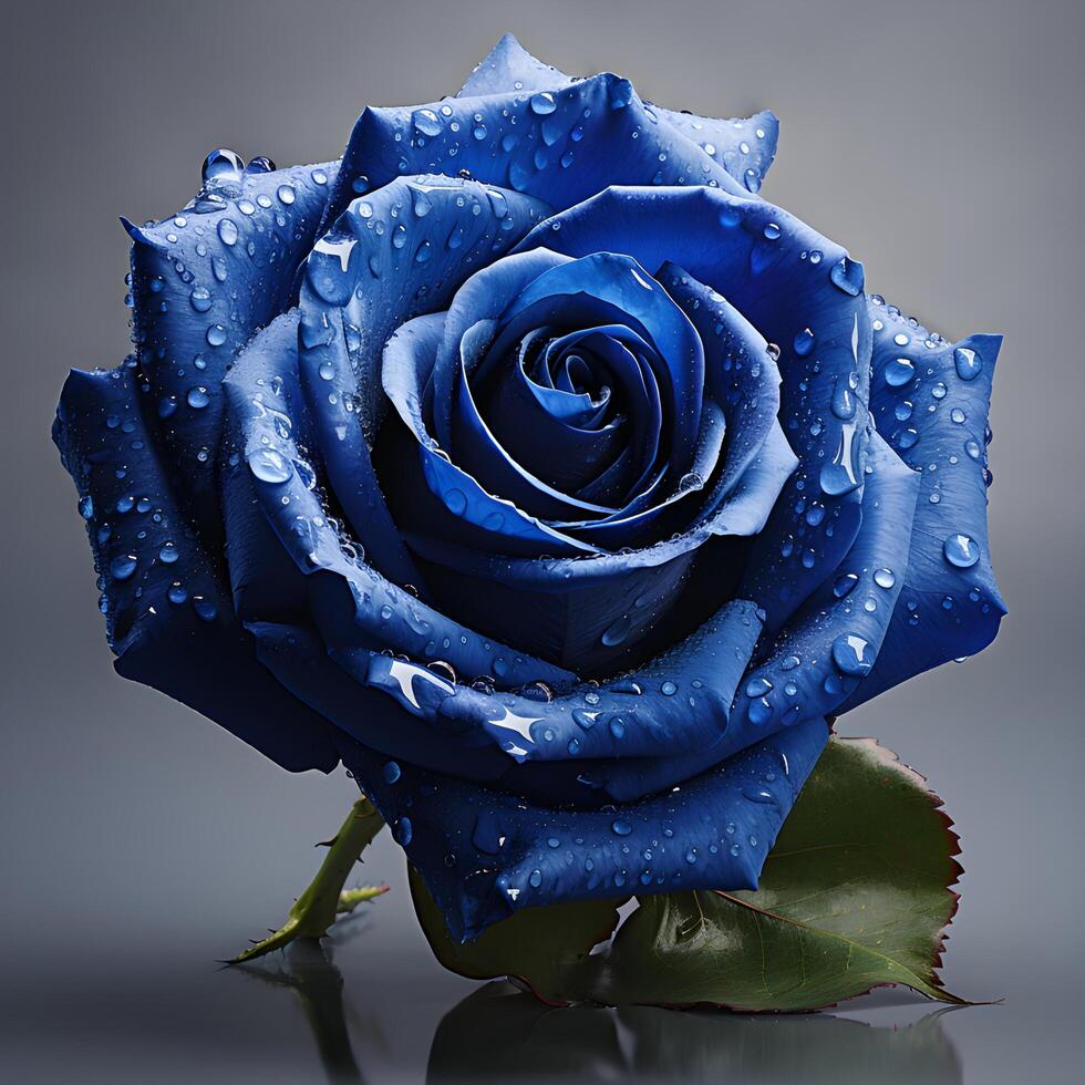 AI generated Blue rose with water drops on a gray background. Close-up. photo