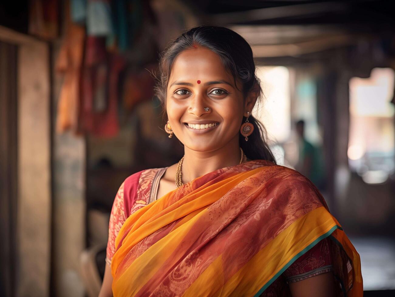 AI generated Beautiful indian woman in saree smiling at camera at home photo