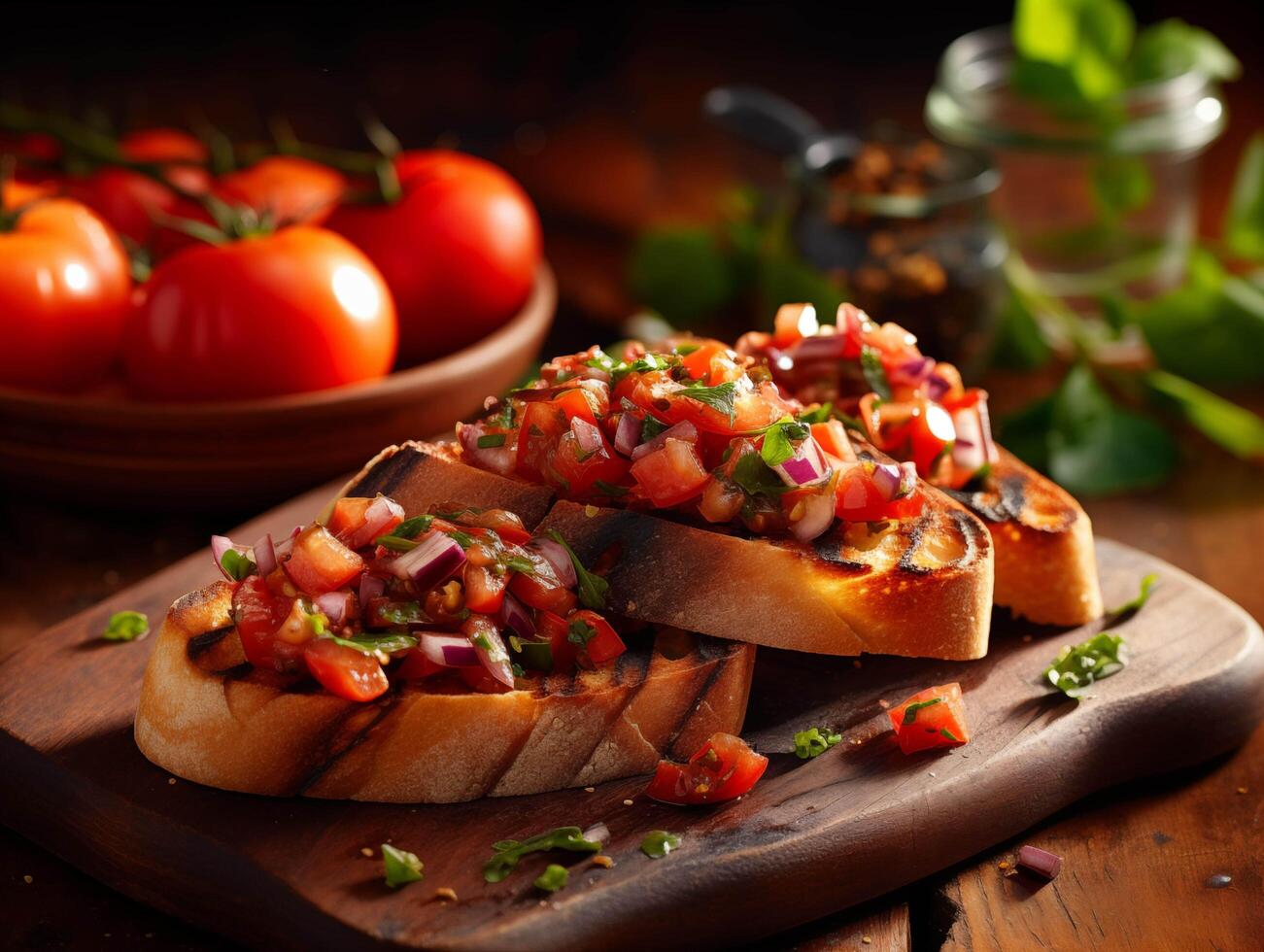 ai generado Bruschetta con tomate, cebolla y albahaca en de madera antecedentes foto