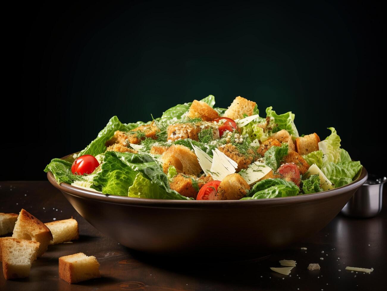 AI generated Fresh caesar salad with cherry tomatoes and parmesan cheese on dark background photo