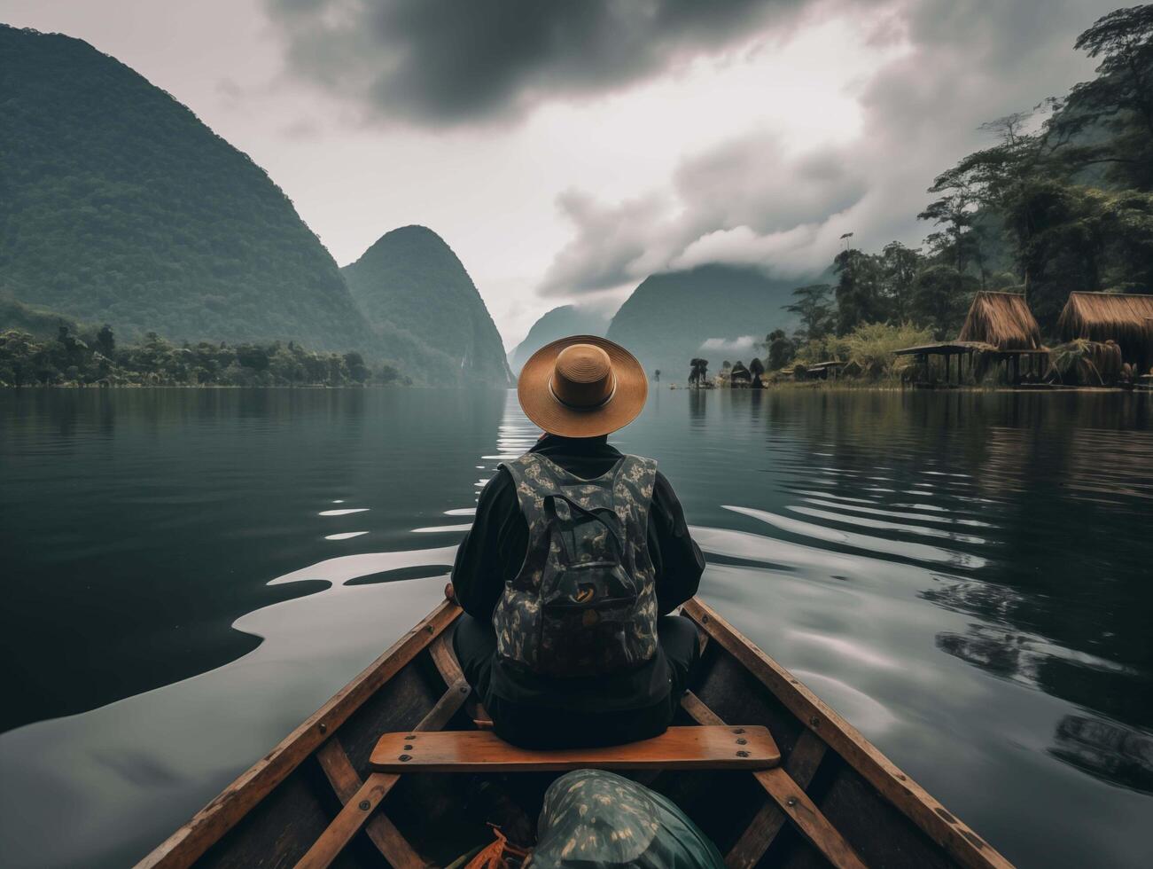 AI generated Man in a boat on the lake with mountain background, photo