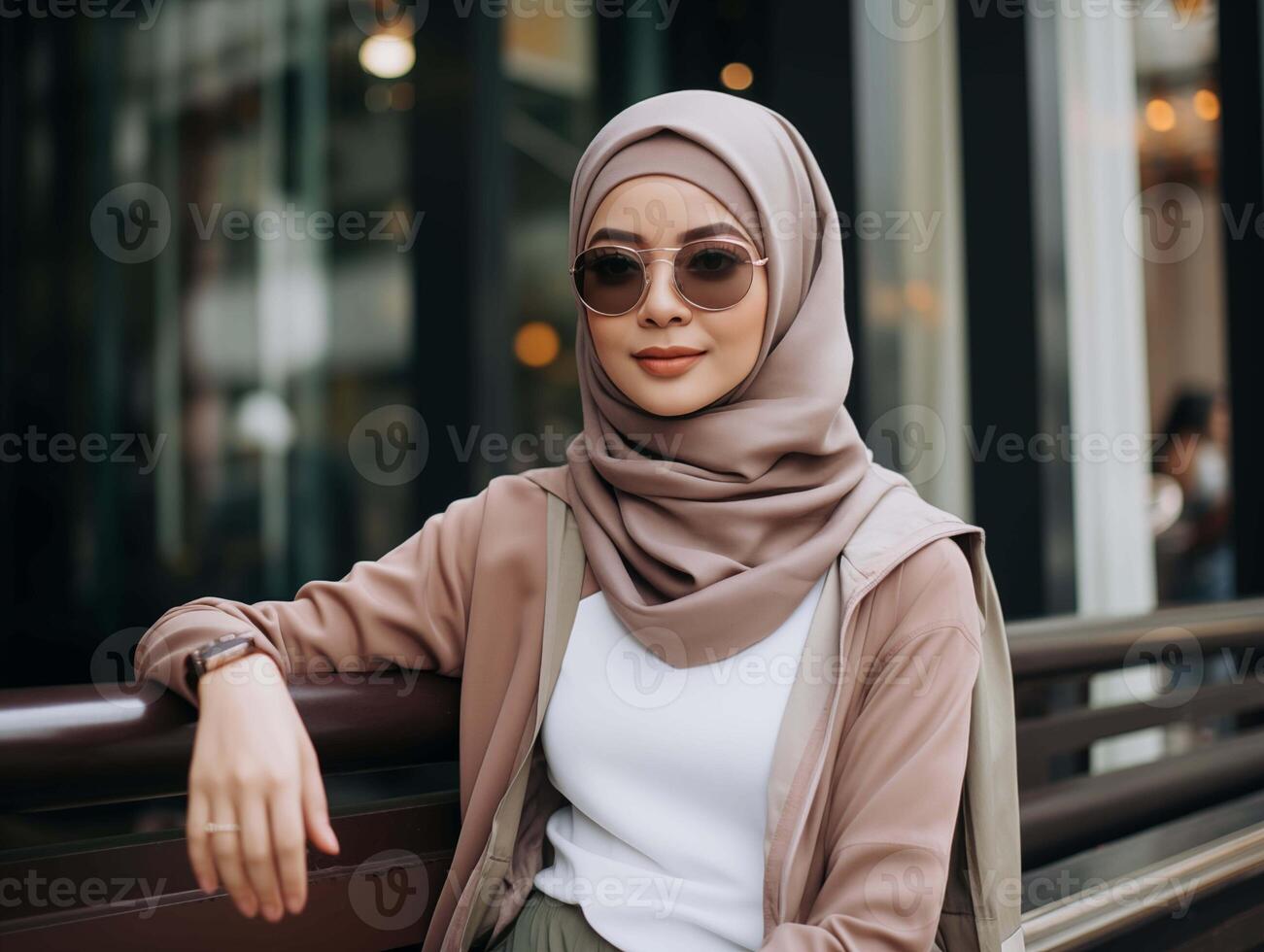 AI generated beautiful young muslim woman in sunglasses and hijab looking at camera photo