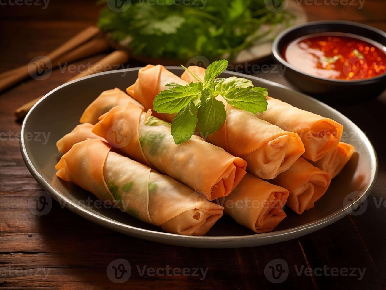 AI generated Spring rolls on a plate in a wooden table photo