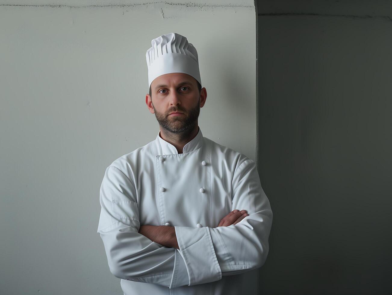 ai generado retrato de un confidente masculino cocinero en pie con brazos cruzado y mirando a cámara foto