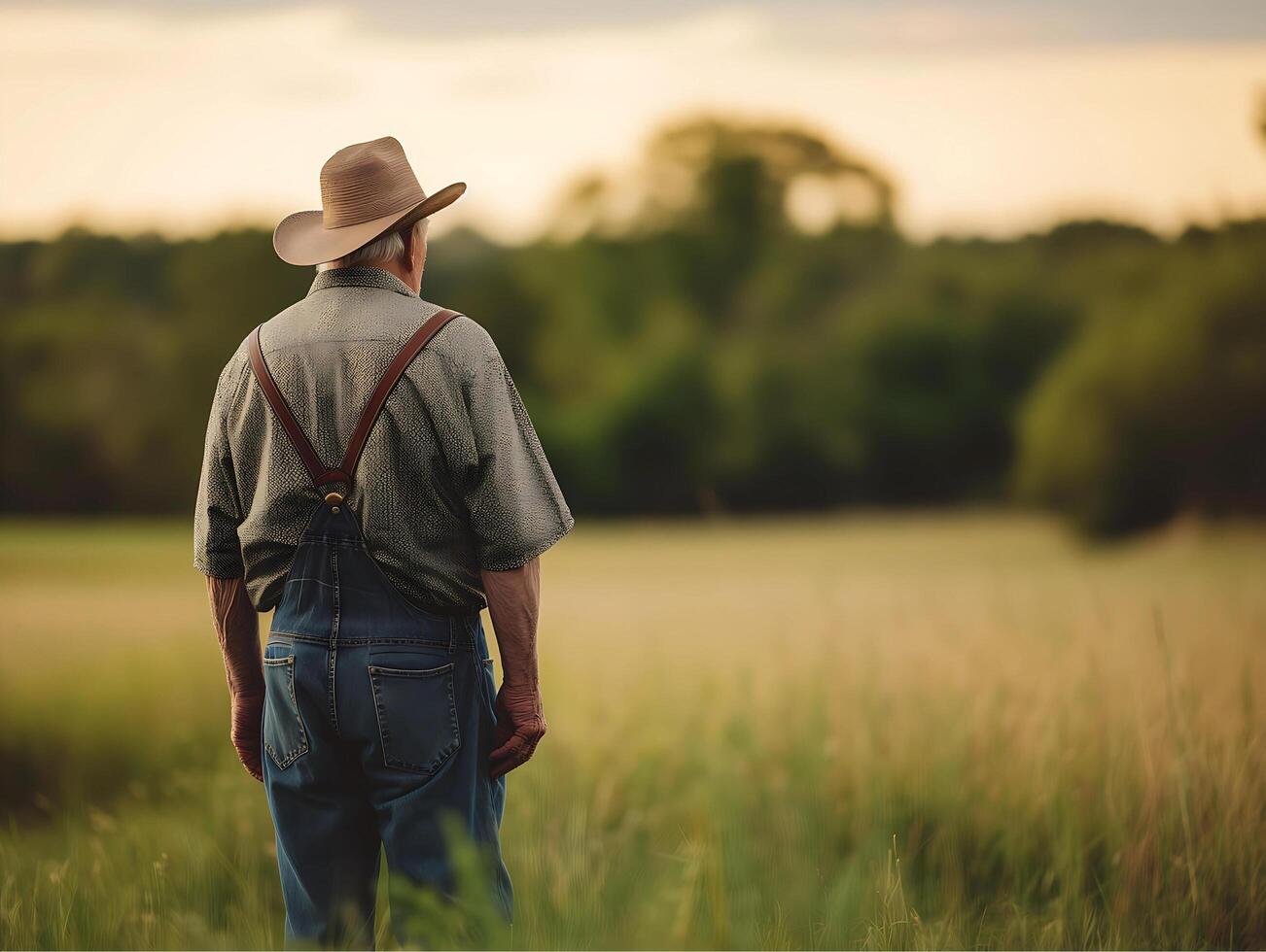 AI generated Portrait of a senior farmer standing in a wheat field at sunset photo