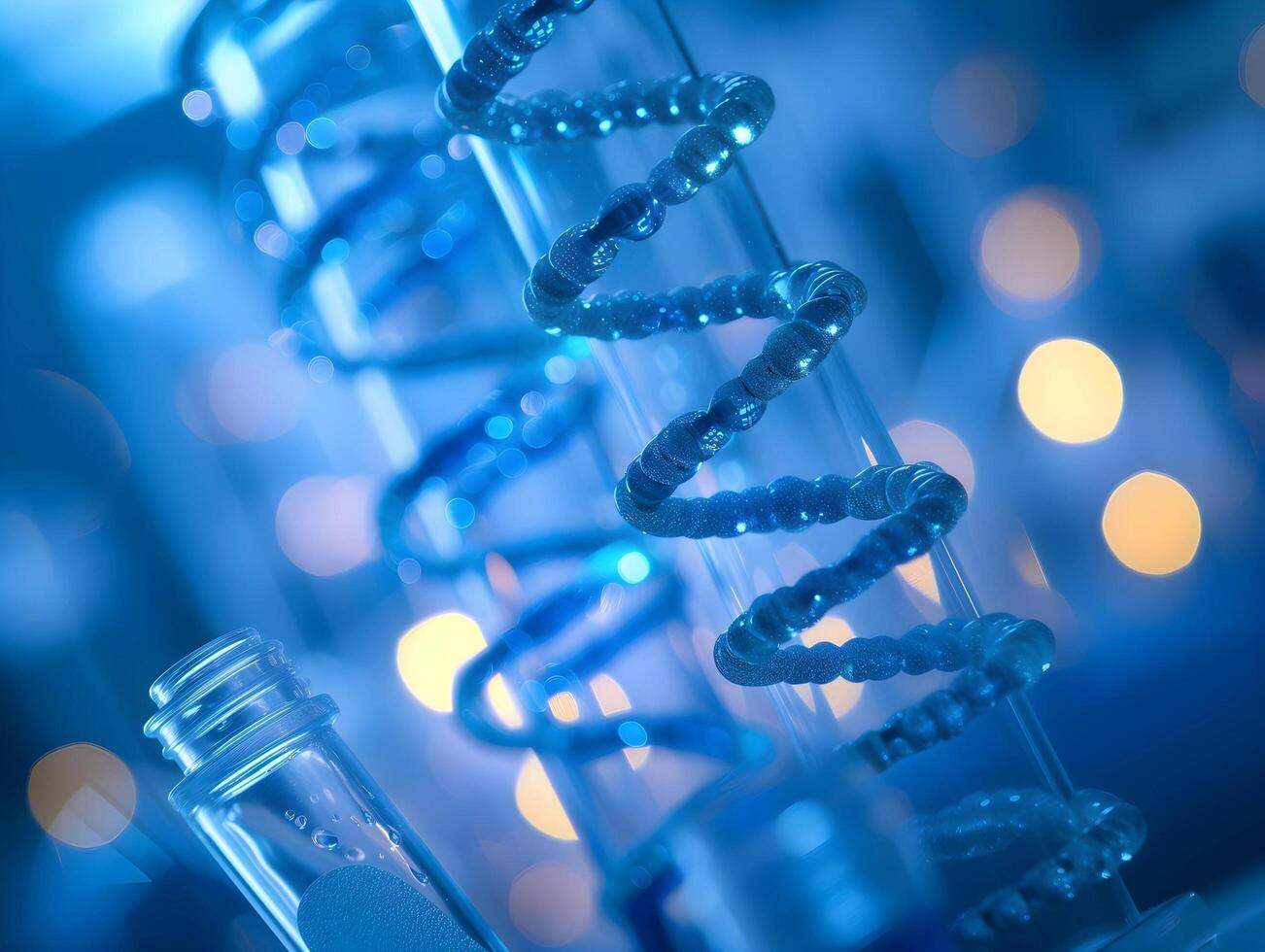 AI generated DNA strand on blue background. Biochemistry, genetics and medicine concept. photo