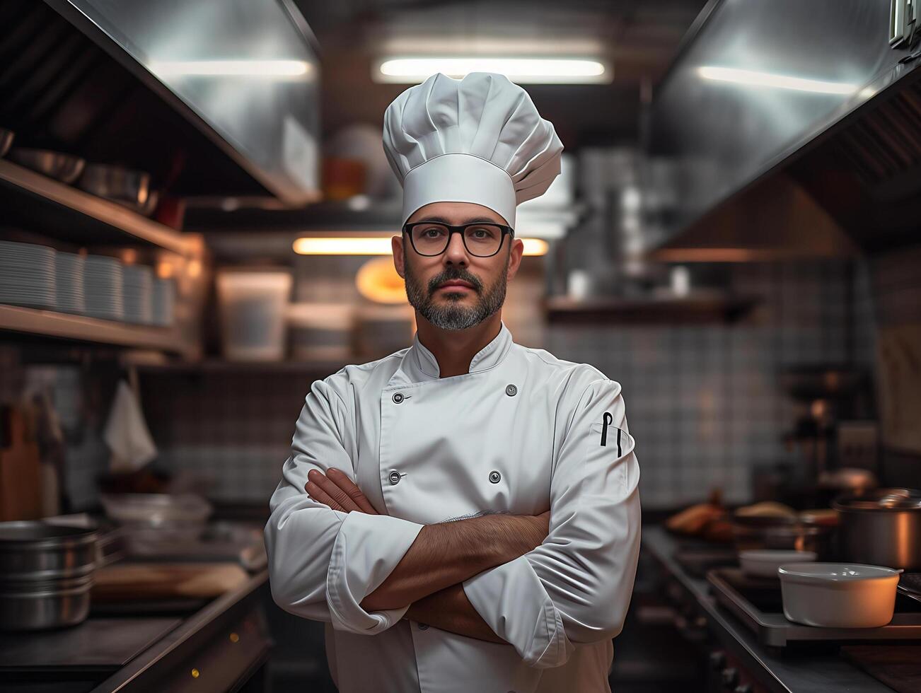 ai generado retrato de confidente masculino cocinero en pie con brazos cruzado en restaurante cocina foto