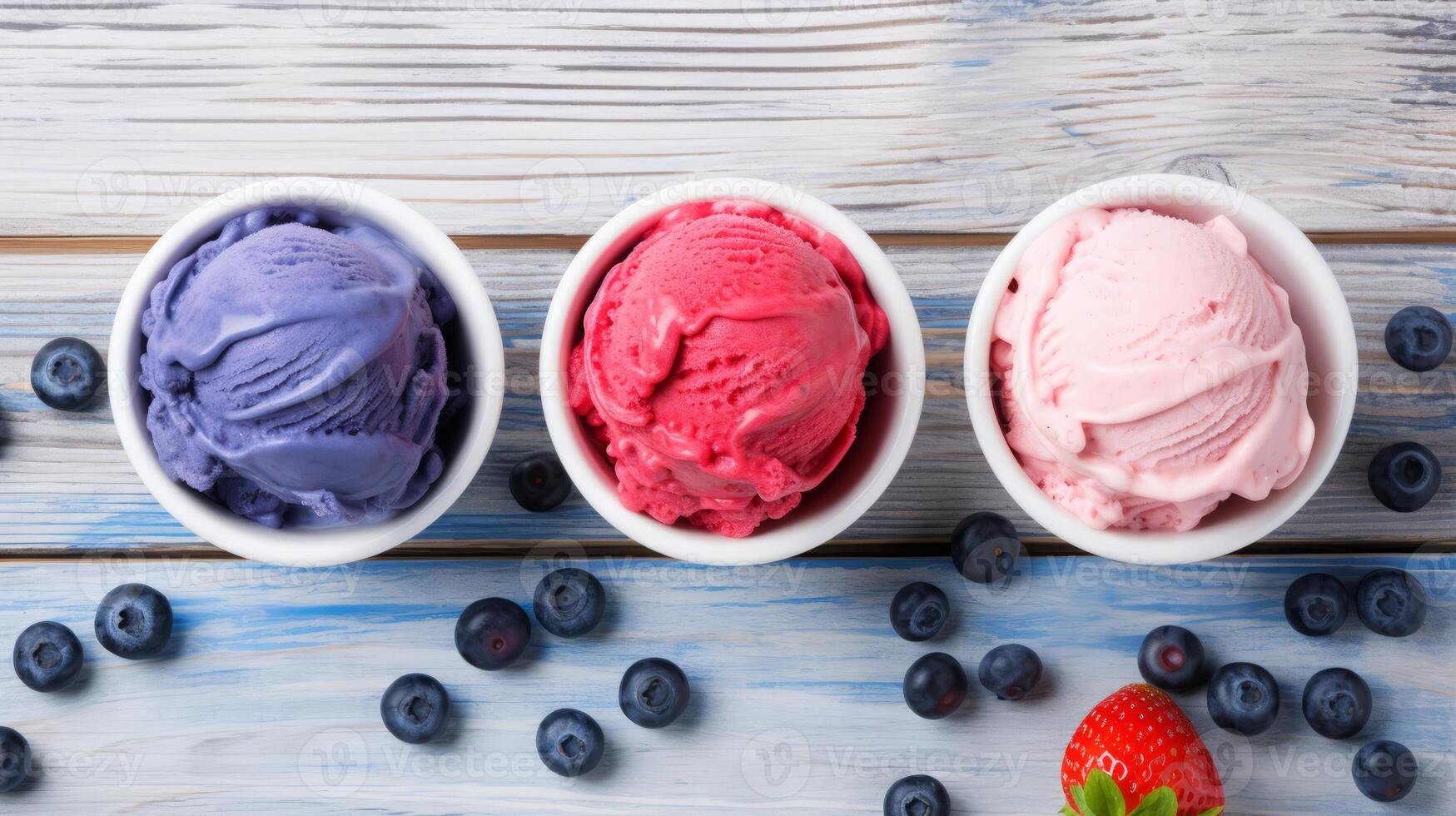 AI generated Three Ice Cream Scoops with strawberry, blueberry, and vanilla flavour photo