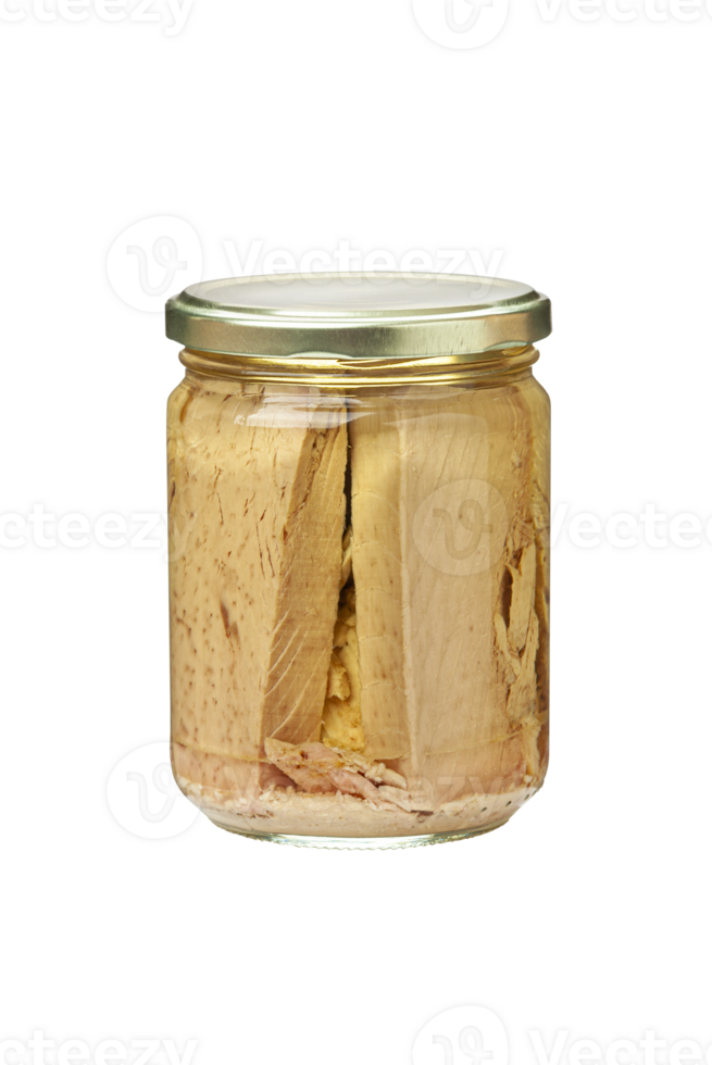 Preserved tuna fish fillets in a glass jar. Isolated on a transparent background png