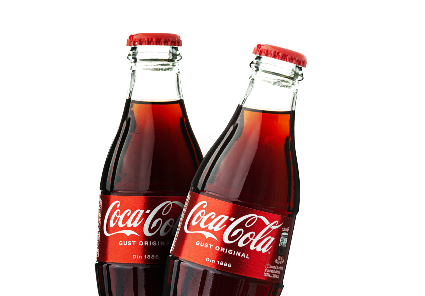 Two classic bottles of Coca-Cola isolated on a transparent background png