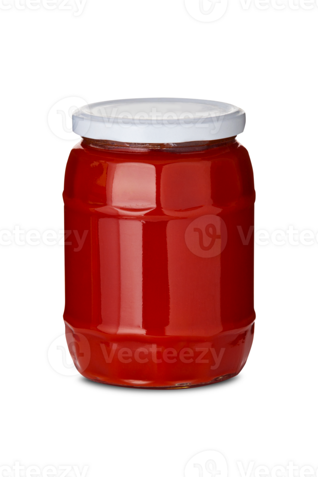 Tomato sauce in a glass jar close up isolated on transparent background png