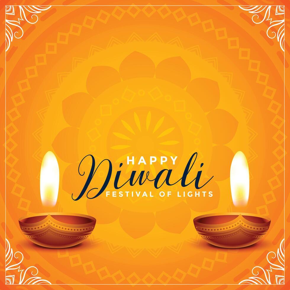 happy diwali orange background with realistic diya design vector