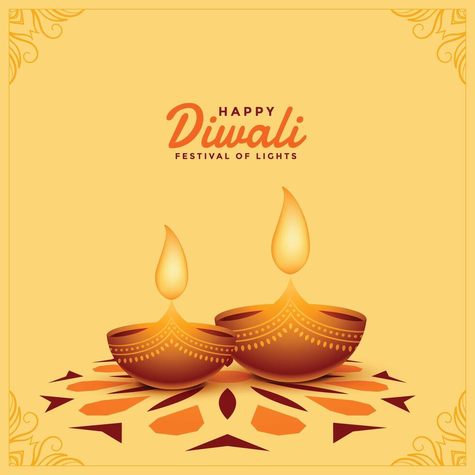 happy diwali decorative card with two diya vector