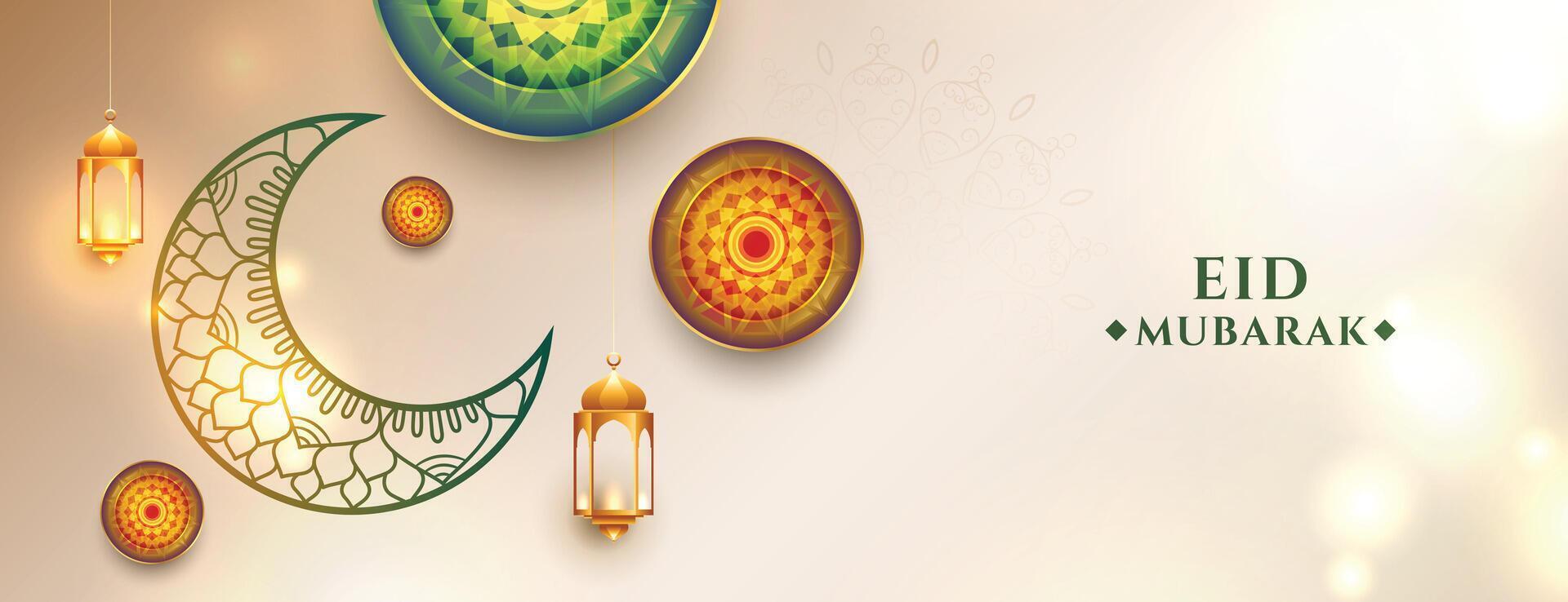 artístico eid Mubarak festival bandera diseño con decorativo Luna vector